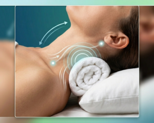 10년 차 도수치료사가 추천하는 아침 목 통증 타파 수건 베개 세팅법 섬네일. 침대에 누운 환자의 목 뒤 오목한 경추 부위에 흰색 수건을 돌돌 말아 끼워 넣은 모습을 클로즈업했다. 이미지 오버레이는 수건이 정상적인 경추 C자 커브를 어떻게 지지하는지를 나타내는 파란색 곡선 화살표와, 굳은 목 근육의 이완을 의미하는 동심원형 압박 및 comfort flow 라인을 포함한다.