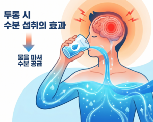 두통이 있을때 물을 마시면 해결된다는 내용을 그림으로 표현함.  두통이 빨간색으로 표현된 남성이 물을 마시고 있는 모습.