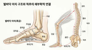 발바닥 아치에서 시작된 충격이 무릎과 척추로 전달되는 운동사슬 원리를 설명하는 이미지