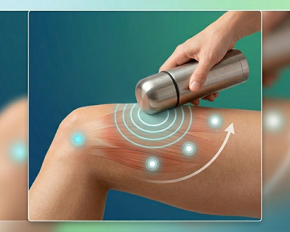 도수치료사가 보온병을 활용하여 환자의 허벅지를 마사지하며 무릎 통증 완화를 돕는 모습을 시각화한 전문가 섬네일. 마사지 방향을 나타내는 화살표와 노드 오버레이를 포함함.