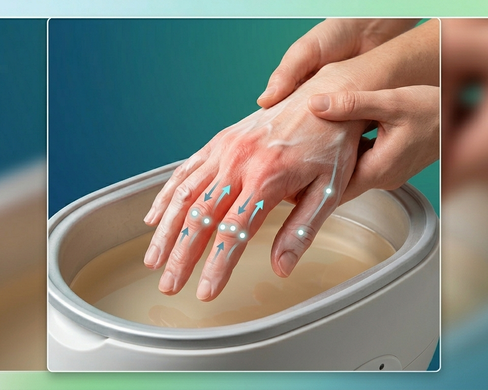 손가락 관절염 환자가 물리치료사의 도움을 받아 파라핀 욕조에서 온열 치료를 받는 모습을 클로즈업한 전문가 섬네일. 따뜻한 왁스가 손을 감싸 깊숙한 열 침투와 혈류 개선을 묘사함.