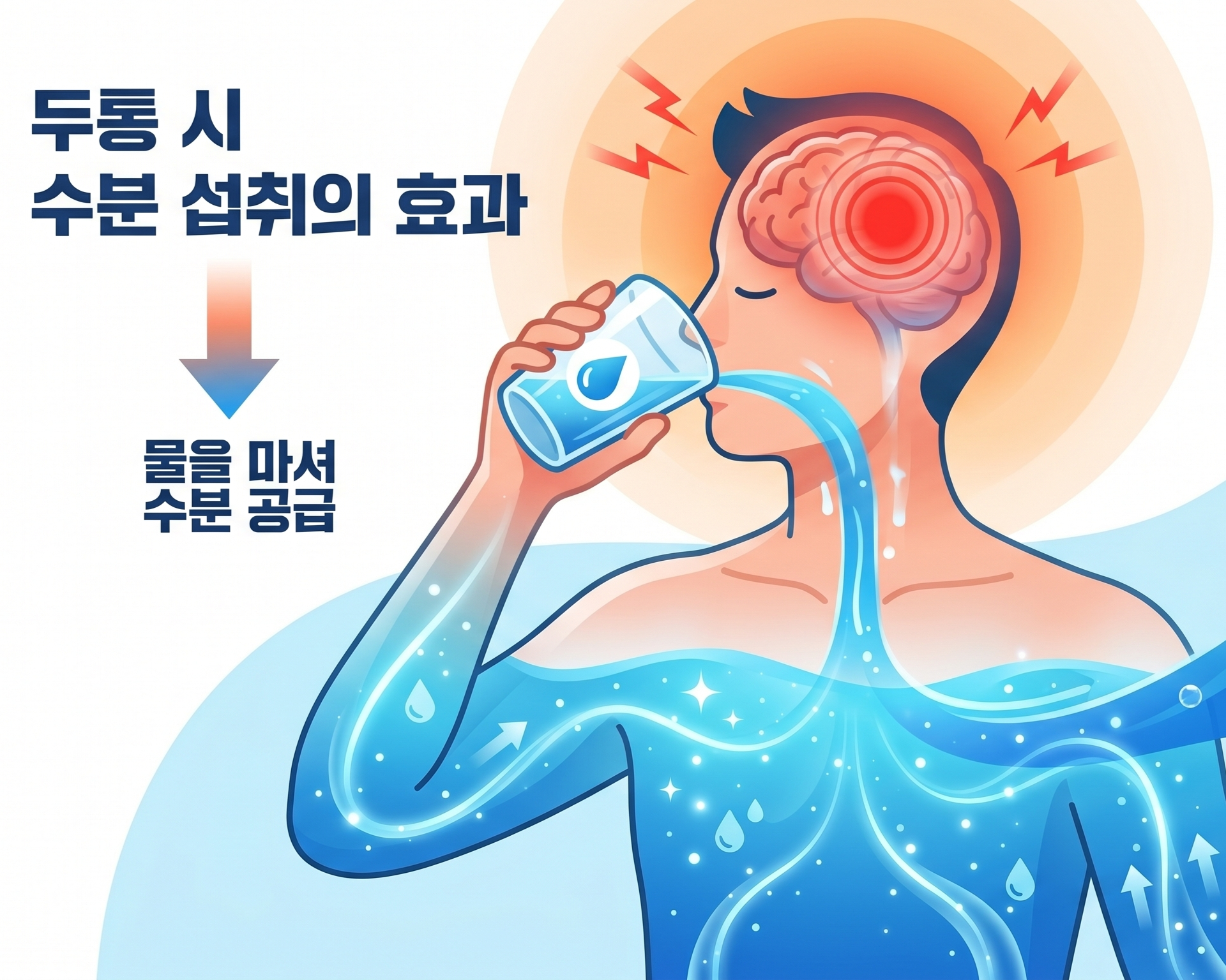 두통이 있을때 물을 마시면 해결된다는 내용을 그림으로 표현함. 두통이 빨간색으로 표현된 남성이 물을 마시고 있는 모습.